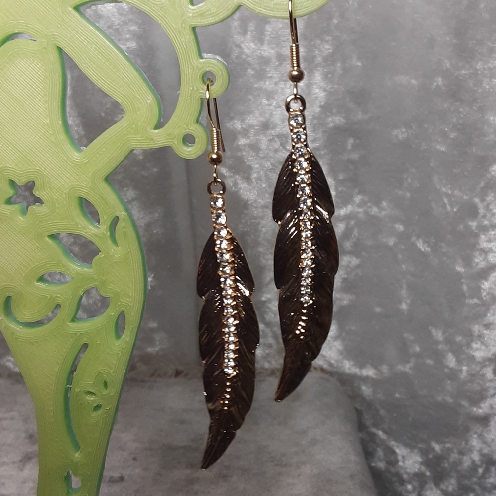 Handmade Feather Earrings With Rhinestones